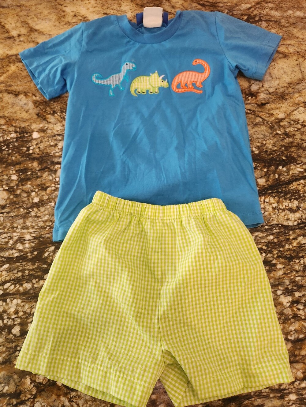 Blue Dino Tee with Lime Gingham Shorts Kids Matching Set